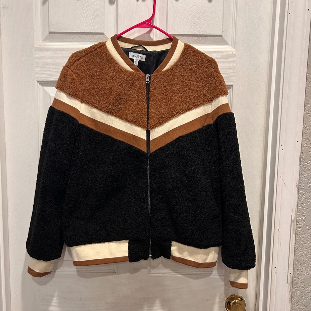 Time for Me Sherpa Colorblock Bomber Jacket Womens Size‎ L Cozy Teddy Fleece